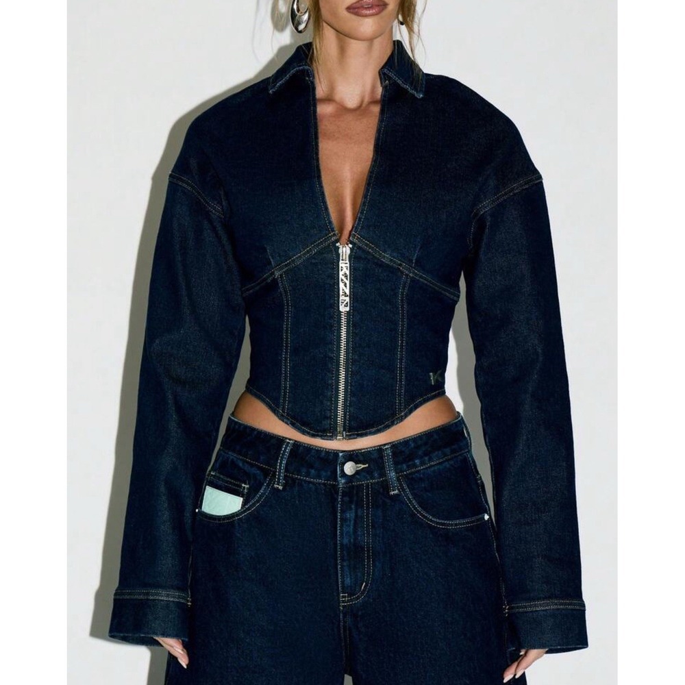 KIZN Denim Zip Front Cropped Jacket Corset Y2K Style Size L